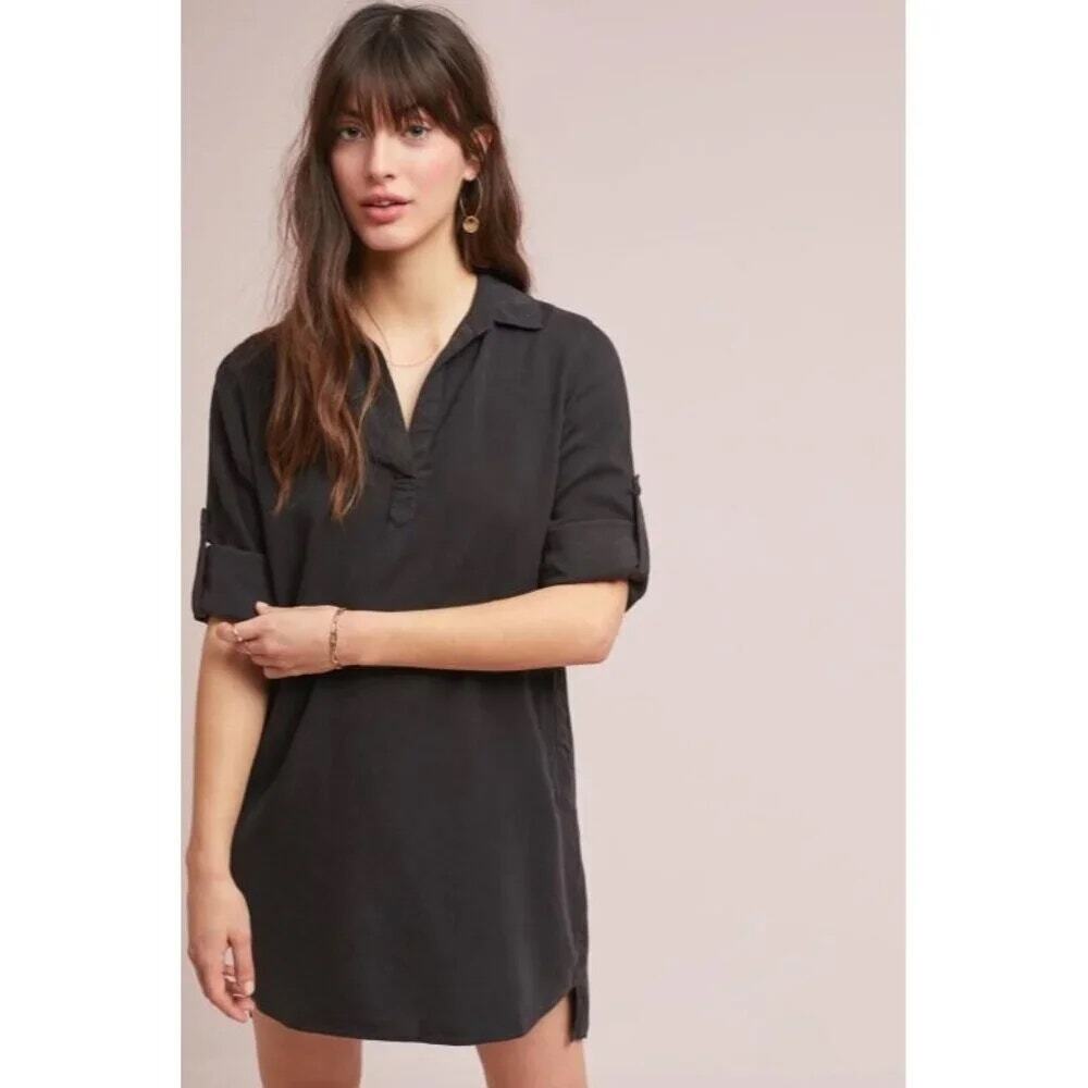 Cloth & Stone Black Tencel Shirt Dress Size Small Roll Tab Sleeves Pockets Mini
